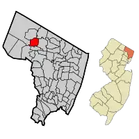 Map highlighting Allendale's location within Bergen County. Inset: Bergen County's location within New Jersey.