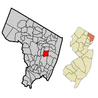 Map highlighting Bergenfield's location within Bergen County. Inset: Bergen County's location within New Jersey.
