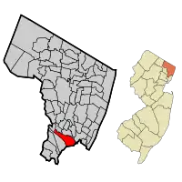 Map highlighting Carlstadt's location within Bergen County. Inset: Bergen County's location within New Jersey.