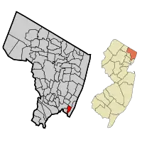 Map highlighting Cliffside Park's location within Bergen County. Inset: Bergen County's location within New Jersey.
