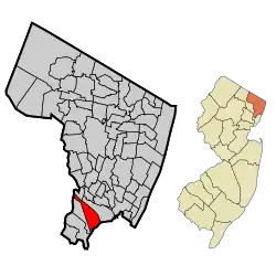 Map highlighting East Rutherford's location within Bergen County. Inset: Bergen County's location within New Jersey