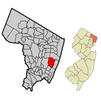 Map highlighting Englewood's location within Bergen County. Inset: Bergen County's location within New Jersey.