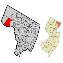 Map highlighting Franklin Lakes's location within Bergen County. Inset: Bergen County's location within New Jersey.