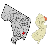 Map highlighting Leonia's location within Bergen County. Inset: Bergen County's location within New Jersey.