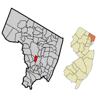Map highlighting Maywood's location within Bergen County. Inset: Bergen County's location within New Jersey.