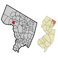 Map highlighting Midland Park's location within Bergen County. Inset: Bergen County's location within New Jersey.