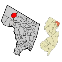 Map highlighting Ramsey's location within Bergen County. Inset: Bergen County's location within New Jersey.