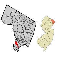 Map highlighting Rutherford's location within Bergen County. Inset: Bergen County's location within New Jersey.