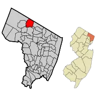 Map highlighting Upper Saddle River's location within Bergen County. Inset: Bergen County's location within New Jersey.