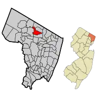 Map highlighting Woodcliff Lake's location within Bergen County. Inset: Bergen County's location within New Jersey.