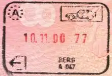 Exit stamp for road travel, issued at Berg