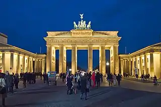 The Brandenburg Gate at night. Berlin is Germany's largest and most visited city