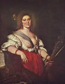Gambenspielerin English: The Viola da gamba Player, by Bernardo Strozzi, c. 1630–1640; portrait is of composer Barbara Strozzi (1619-1677) –  Gemäldegalerie, Dresden.