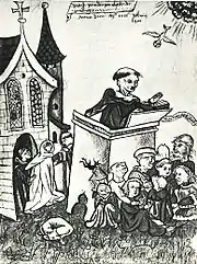 black-and-white-drawing of the preacher Berthold von Regensburg, speaking from an open-ait pulpit to a group of people, with a church left and the Holy Spirit as a dove in the upper right corner