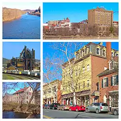 Clockwise from top left: Lehigh River, Hotel Bethlehem and the Bethlehem skyline, Main Street, a historic Bethlehem home, and Bethlehem Steel