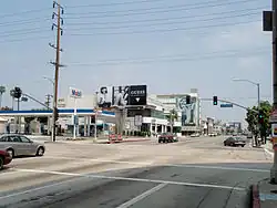 The intersection at the center of the studio zone: Beverly Boulevard and La Cienega Boulevard in Los Angeles