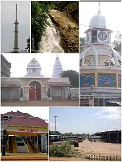 Bhawanipatna clockwise from top left: Doordarshan Tower, Phurlijharan, Durga Mandap (Big Ben of Bhawanipatna), Manikeshwari Mandir, Bhawanipatna Railway Station, Bhawanipatna Bus Stand