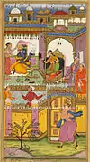 Bhima arrive Dwarka while Krishna serve satyabhama. Artist Bhawani