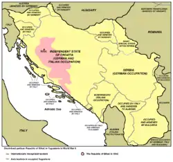 The Republic of Bihać within occupied Yugoslavia (pink). The borders are that of the World War II Axis partition of Yugoslavia, including the collaborationist puppet state, the Independent State of Croatia.
