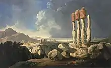 Moai on the Easter Island, a painting by William Hodges, 1775–76