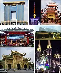 Clockwise, from top left:Bình Dương Administration Center, Clock Tower of Thủ Dầu Một's six-way intersection, Hội An Pagoda, Hội Khánh Temple, Phú Cường Cathedral, Đại Nam Văn Hiến, Temple of Lady Thiên Hậu.