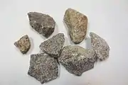 Biotite-bearing granite samples (small black minerals).