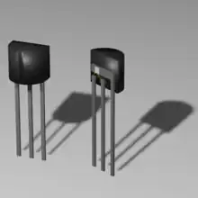 box with 3 wires, one with big and silicon chip - others connect to chip with wires