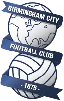 Badge of Birmingham City: a line-drawn globe above a football, with ribbon carrying the club name and year of foundation