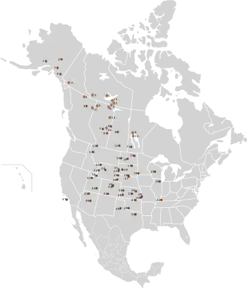 Distribution of public herds of plains bison and of free-ranging or captive breeding wood bison in North America as of 2003..mw-parser-output .legend{page-break-inside:avoid;break-inside:avoid-column}.mw-parser-output .legend-color{display:inline-block;min-width:1.25em;height:1.25em;line-height:1.25;margin:1px 0;text-align:center;border:1px solid black;background-color:transparent;color:black}.mw-parser-output .legend-text{}&nbsp;&nbsp;Wood bison.mw-parser-output .legend{page-break-inside:avoid;break-inside:avoid-column}.mw-parser-output .legend-color{display:inline-block;min-width:1.25em;height:1.25em;line-height:1.25;margin:1px 0;text-align:center;border:1px solid black;background-color:transparent;color:black}.mw-parser-output .legend-text{}&nbsp;&nbsp;Plains bison