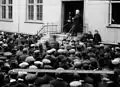 Björn Jónsson gives a speech to a gathering on 2 June 1908 regarding the autonomy of Iceland vis-à-vis Denmark. Iceland was then a Danish colony, gaining independence in 1944
