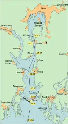 Map of operations in the Oslofjord on the night of 8/9 April, showing how far the Germans had progressed at various times as well as their movements