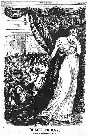 Image 48Illustration from the Brisbane Worker newspaper condemning the brutality of the Queensland Police on Black Friday during the 1912 Brisbane General Strike.