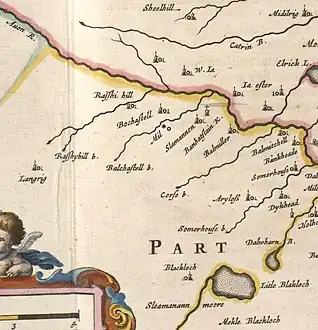Blaeu's map from 1654 based on Pont's original c.1596 "The East Central Lowlands (Stirling, Falkirk & Kilsyth) - Pont 32" map depicting Langrig west of Slamannenn