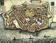 Map of Harderwijk (Blaeu's Toonneel der Steden, by Willem and Joan Blaeu, 1652. Note that north is at the bottom of the map.
