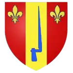 Coat of arms of the Tenaille de Vaulabelle family: Of "Gules with golden pal, accosted with two fleurs-de-lis of the same and loaded with an azure bayonet"