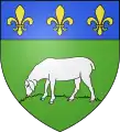 Arms of Betpouey, France: vert a sheep pacusant, on a chief azure three fleurs de lys Or
