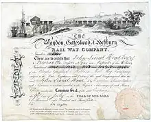 Stock certificate for 5 shares in the Blaydon, Gateshead & Hebburn Rail Way Company, issued 9 July 1835. The Company was built under an Act of Parliament in 1834. It built a 1.75 mile railway between the rivers Derwent and Team to carry coal from the mines at Blaydon to the ports on the River Tyne. The line was acquired by the Newcastle & Carlisle Railway as early as 1836.