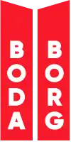 Boda Borg is written top-to-bottom on two red trapezoids.
