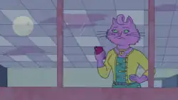 A screenshot from the television series BoJack Horseman, showing the character Princess Carolyn (Amy Sedaris) a anthropomorphized pink cat holding her smartphone whilst looking out of her office window at night.
