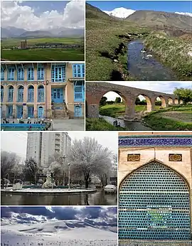 Top left: Outlook of Garrin Mountain, Top right: Vanai region, Second left: Nabavi House, Second right: Qaleh Hatam Bridge, Third left: Bahar Square, Bottom left: Zalian elevations, Bottom right: Soltani Mosque