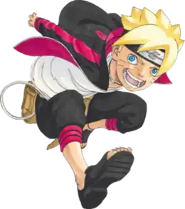 A picture of Boruto Uzumaki wearing a white and gray outlined shirt with a black and red outfit.