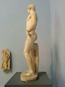 Prominent, muscular buttocks are a standard feature of athletic and military artwork from Ancient Greece, as demonstrated by this statue of a boxer. British Museum (c. 460 B.C.)