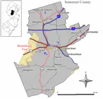 Map of Branchburg Township in Somerset County. Inset: Location of Somerset County highlighted in the State of New Jersey.