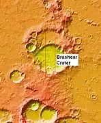 Wide view of Brashear (Martian Crater) near other craters, as seen by MOLA in which elevations are indicated by different colors.
