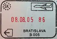 Exit stamp for air travel, issued at Bratislava Airport (pre-Schengen stamp with Schengen design)