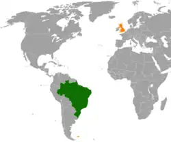 Map indicating locations of Brazil and United Kingdom