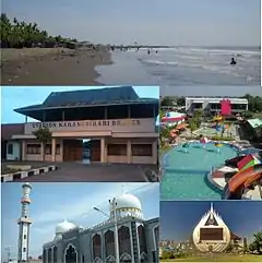 Sights in Brebes (clockwise from top) : Randusanga Beach, Ciblon Waterboom, Alun alun Brebes, Great Mosque of Brebes, Karangbirahi Stadium