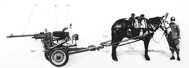 Breda 20/65 mod 35 on its two-wheeled trailer drawn by a mule.