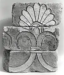 Black-and-white photo with Achaemenid glazed ceramic bricks with a palmette, circa 6th–4th century BC, in the Metropolitan Museum of Art, New York City
