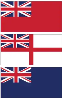 Three flags, all with the flag of the United Kingdom in the top-left corner. The top is solid red, the middle is white with a red cross extending all the way across it, and the bottom is solid blue.